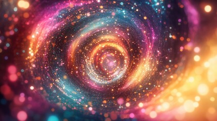 Beautiful vibrant abstract image of a colorful fluffy light tunnel filled with glowing particles, creating a dreamy background for digital art