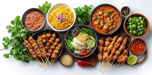 Wall Mural - Assortment of Indonesian Dishes with Satay, Curry, and Noodles