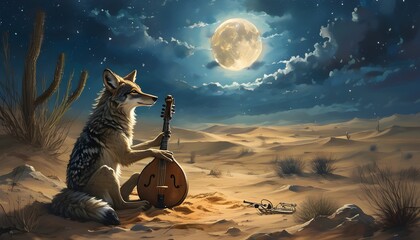 Coyote Musicians Desert Serenade Beneath the Enchanting Moonlit Sky