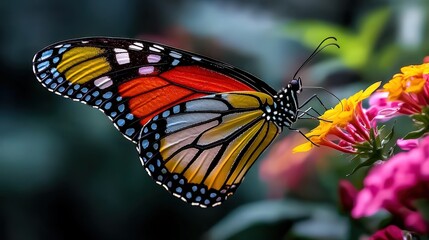 Wall Mural - Colorful Butterfly on Vibrant Flower in Garden   Close Up Macro Photography