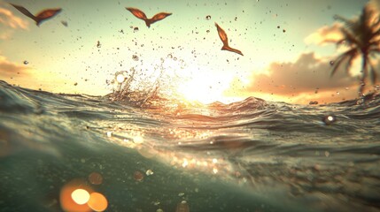 Wall Mural - Underwater Sunset with Ocean Waves  Golden Light  and Birds in Flight