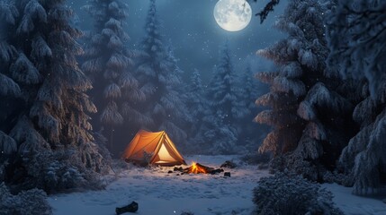 Poster - A Lighted Tent Under a Full Moon in a Snow-Covered Forest