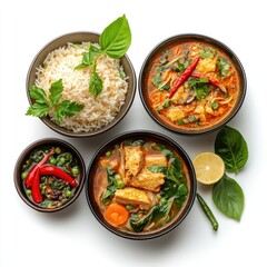 Wall Mural - A Bowl of Thai Curry Soup with Rice, Chili Peppers, and Herbs