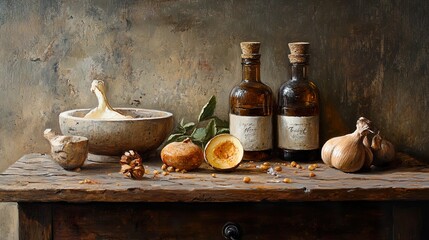 Wall Mural - Still Life with Garlic, Onions, and Bottles