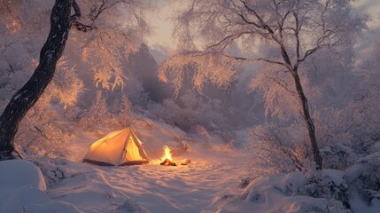 Wall Mural - A Cozy Campsite in a Snowy Winter Forest