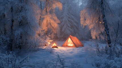 Poster - Illuminated Tent and Fire in a Snowy Forest at Night