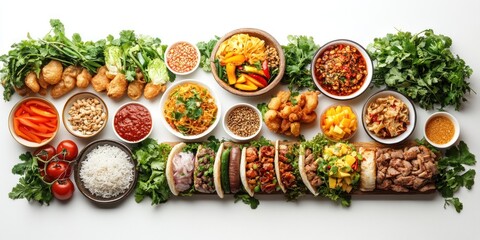 A Spread of Diverse Dishes Featuring Asian-Inspired Cuisine