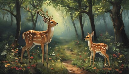 Wall Mural - Deer Mentor Inspires Young Fawns to Explore Enchanting Forest Wonders