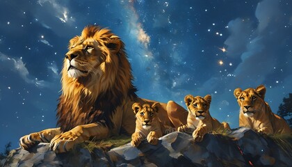 Wall Mural - Celestial Expanse of a Lion Family Beneath the Majestic Savannah Starscape