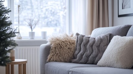 Wall Mural - Scandinavian-style living room with a cozy gray couch, fluffy cushions, and winter decor by the window generative ai