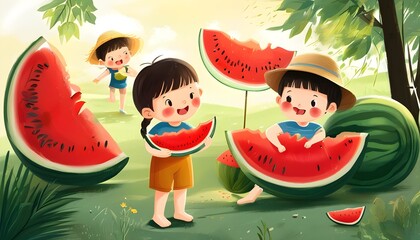 Children enjoying watermelon on a sunny day, celebrating the arrival of summer and the joy of cooling down during the warm season