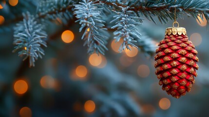 A festive red pine cone ornament hanging from a frosted evergreen branch with golden bokeh lights in the background.