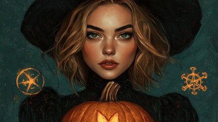 Canvas Print - Spooky Halloween Witch with Pumpkin and Magical Symbols