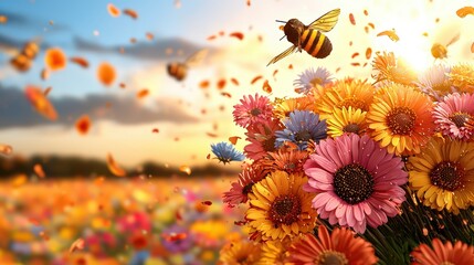 Wall Mural - Bee Flying Over Colorful Wildflowers in Field at Sunset