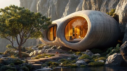 Sticker - Futuristic Concrete House in a Mountain Landscape