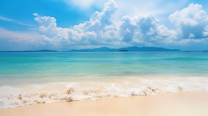 Wall Mural - Sandy_tropical_beach_with_island_on_background