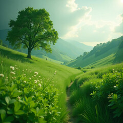 Wall Mural - landscape with green grass and forest