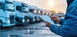 © pisan thailand - Logistics Professional Overseeing Truck Fleet and Delivery on Smartphone App in Loading Dock Area with Sunset Sky