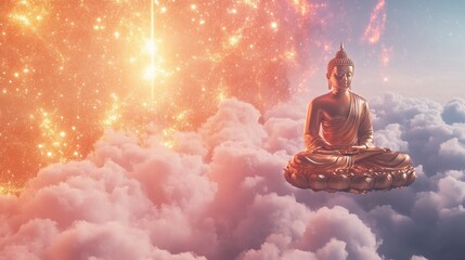 A serene golden Lord Buddha floats above soft clouds, with a breathtaking futuristic background featuring glowing cosmic lights