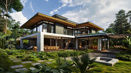 Wall Mural - View_of_luxurious_modern_house_exterior_with_dining