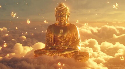 Beautiful floating golden Lord Buddha image above the clouds, set against a stunning futuristic background with glowing elements and a serene atmosphere