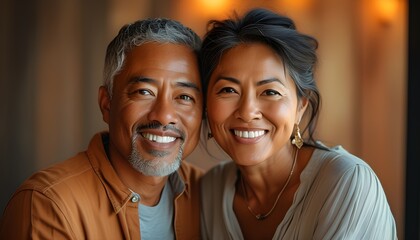 Joyful embrace of a mature interracial couple celebrating love and companionship in a cozy setting, highlighting affection between an African American man and an Asian woman