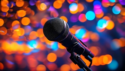 Vibrant Close-Up of Microphone Under Colorful Stage Lights with Dreamy Bokeh Effects for Karaoke Night and Music Performances