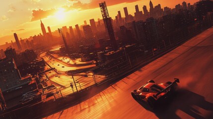 Sunset Cityscape with Racing Car