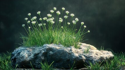 Poster - Delicate White Flowers Blooming on a Stone in a Meadow