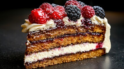 Wall Mural - Delicious Berry Cake Slice with Whipped Cream and Jam Layers   Close up Food Photography