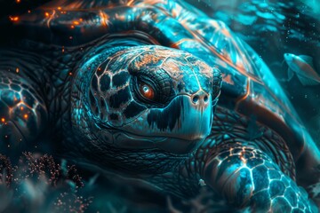 Wall Mural - Close-up of the Ao from Shan Hai Jing, a colossal sea turtle with an ancient shell and glowing eyes, resting in an ethereal underwater cavern filled with shimmering corals and soft light