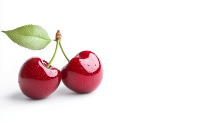 two red cherries with a green leaf on top