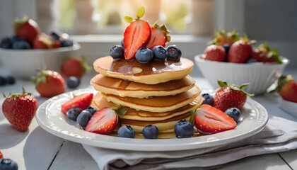 Delicious pancakes with fresh strawberries and blueberries for breakfast