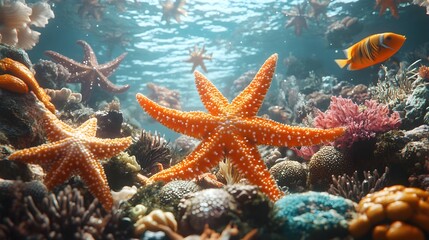 Starfish nestled in between sea plants on the seabed