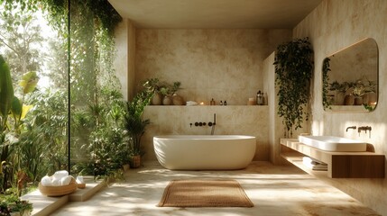 A bathroom with soft earth tones, minimal decor, and a calming atmosphere. The room is decorated with plants and has a natural, earthy feel.