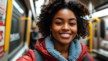 Wall Mural - Joyful Selfie Moment of Young Black Woman in New York Subway, Embracing Carefree Urban Lifestyle with a Smile During Daytime Commute