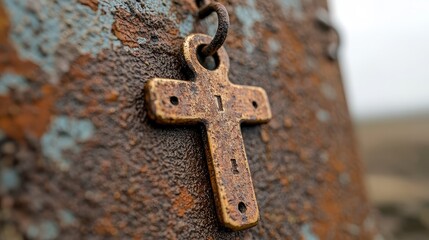 Rusted Brass Cross Close up with Intricate Details on Weathered Surface