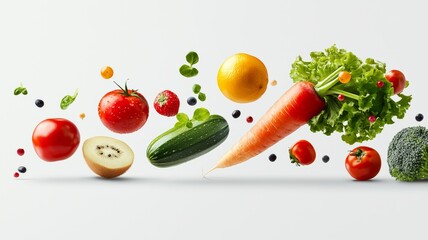 Wall Mural - A colorful assortment of fruits and vegetables are flying through the air