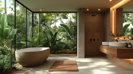 Wall Mural - The bathroom is decorated with plants and has a tropical theme.