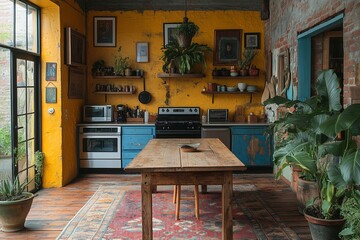 Wall Mural - Urban boho kitchen with eclectic furniture, colorful textiles.