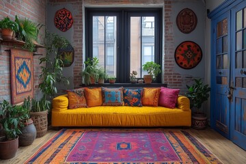 Wall Mural - Urban boho living room with eclectic furniture, colorful textiles.