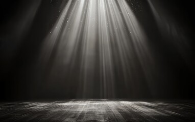 Wall Mural - a spotlight illuminates a dark wooden stage with beams of light, creating a dramatic and mysterious 