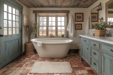 Wall Mural - Vintage farmhouse bathroom with distressed furniture.