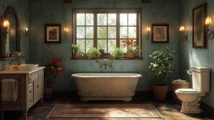 Wall Mural - Vintage-inspired bathroom with antique furniture.