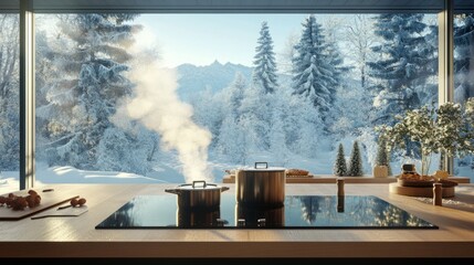 Wall Mural - Winter kitchen interior with a large wooden table, a steaming pot on the stove generative ai