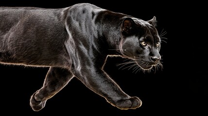 A black panther is walking on a black background