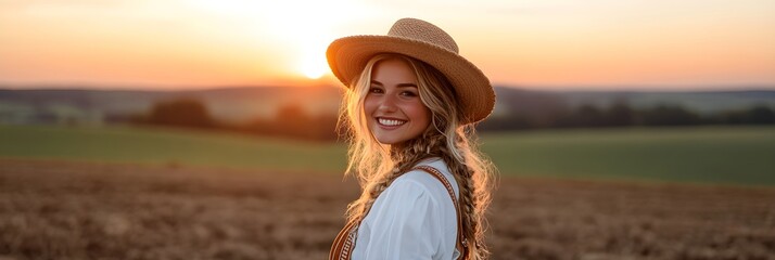 Wall Mural - Woman in traditional dress in wheat field at sunset. Autumn harvest, farming and agriculture concept. Oktoberfest festival celebration. German culture and traditions. Background with copy space