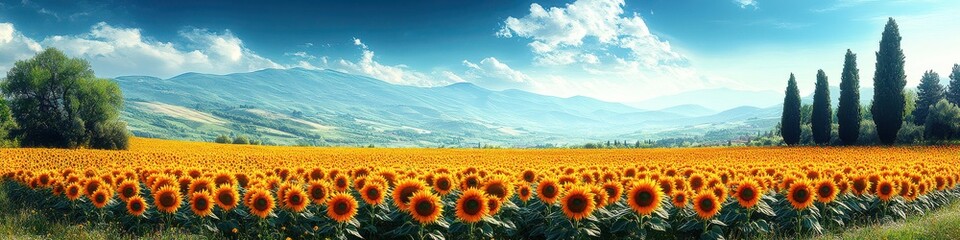 Canvas Print - Stunning Field of Blooming Sunflowers Under a Clear Blue Sky with Majestic Mountains and Cypress Trees in the Distance