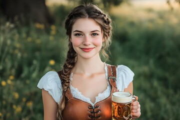 Wall Mural - Young woman in traditional dress holding beer mug. Oktoberfest celebration concept. German culture and tradition. Travel and tourism. Banner with copy space