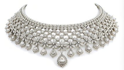 Beautiful and expensive necklace with diamonds sparkling on white background